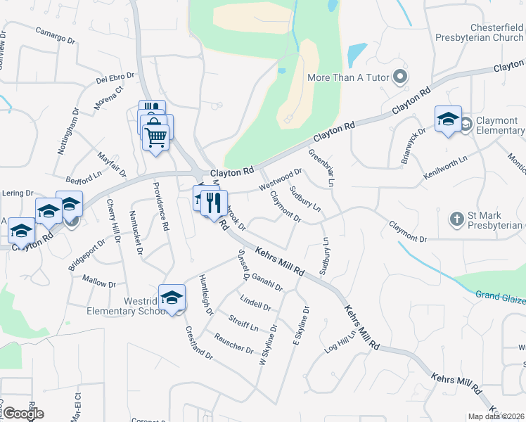 map of restaurants, bars, coffee shops, grocery stores, and more near 829 Twosome Court in Ballwin