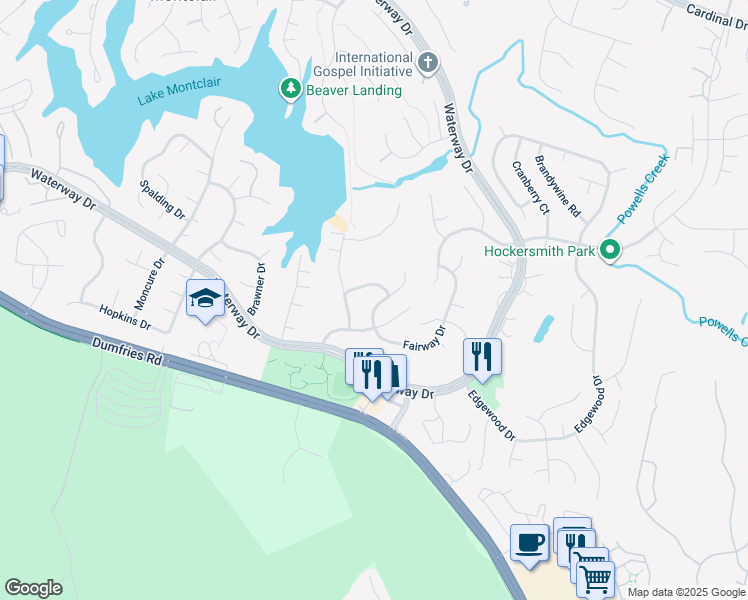 map of restaurants, bars, coffee shops, grocery stores, and more near 16041 Fairway Drive in Dumfries