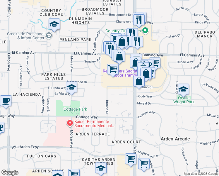 map of restaurants, bars, coffee shops, grocery stores, and more near 2134 Butano Drive in Sacramento