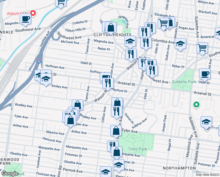 map of restaurants, bars, coffee shops, grocery stores, and more near 6098 Arsenal Street in St. Louis