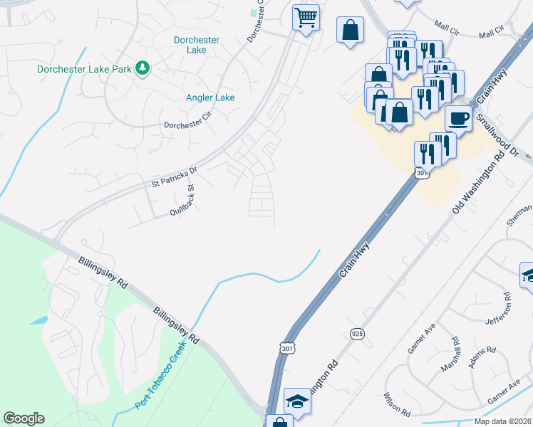 map of restaurants, bars, coffee shops, grocery stores, and more near 10983 Oswestry Street in Waldorf