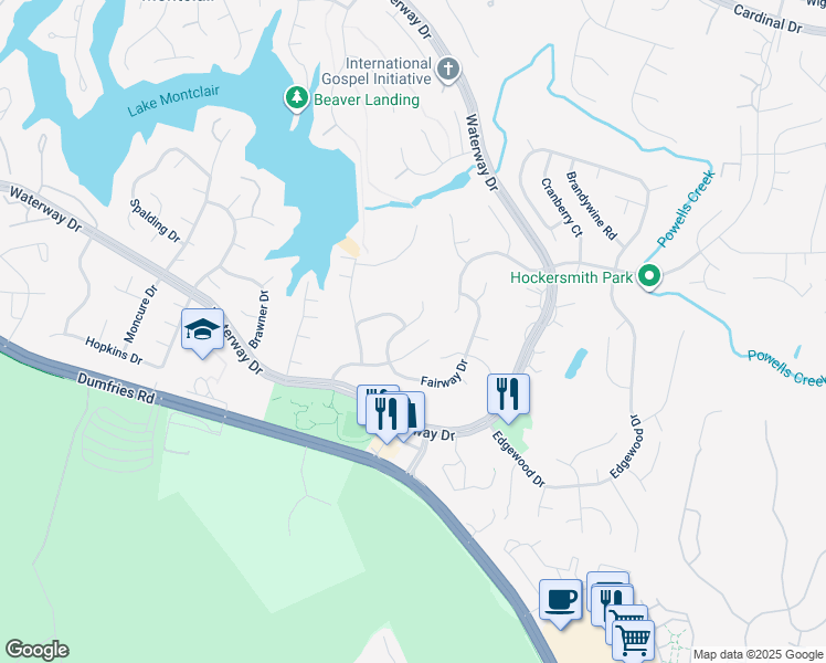 map of restaurants, bars, coffee shops, grocery stores, and more near 16042 Fairway Drive in Dumfries