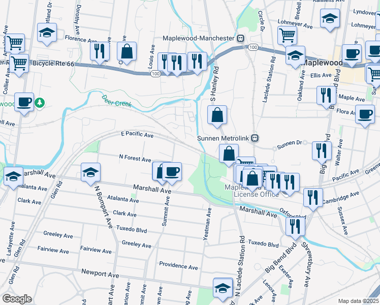 map of restaurants, bars, coffee shops, grocery stores, and more near 828 East Pacific Avenue in Webster Groves