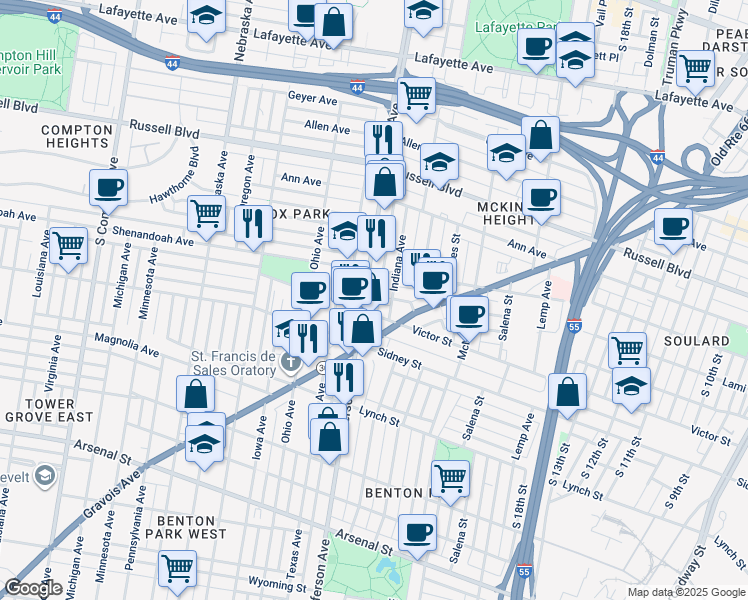 map of restaurants, bars, coffee shops, grocery stores, and more near 2312 South Jefferson Avenue in St. Louis
