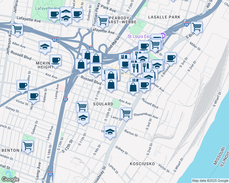 map of restaurants, bars, coffee shops, grocery stores, and more near 1006 Russell Boulevard in St. Louis