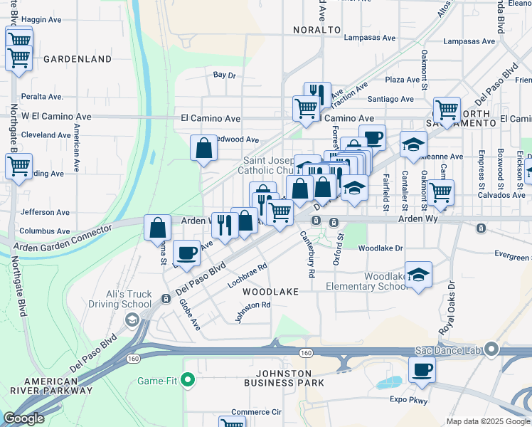 map of restaurants, bars, coffee shops, grocery stores, and more near 2207 Fernley Avenue in Sacramento