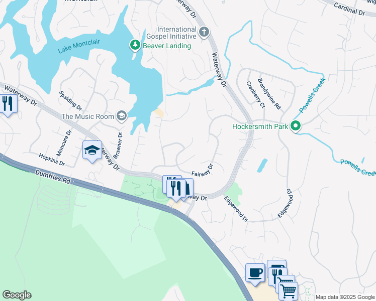 map of restaurants, bars, coffee shops, grocery stores, and more near 16042 Fairway Drive in Dumfries