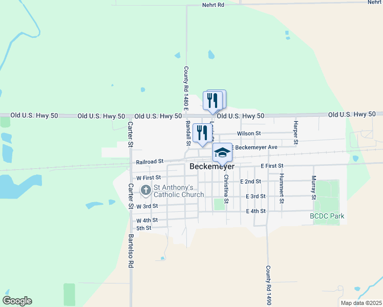 map of restaurants, bars, coffee shops, grocery stores, and more near 291 Randall Street in Beckemeyer