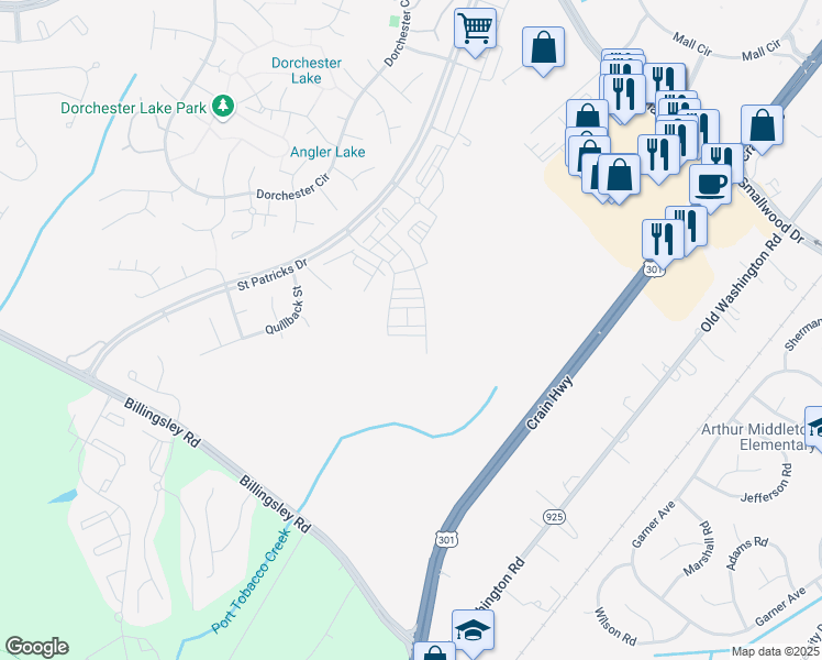 map of restaurants, bars, coffee shops, grocery stores, and more near 10983 Oswestry Street in Waldorf