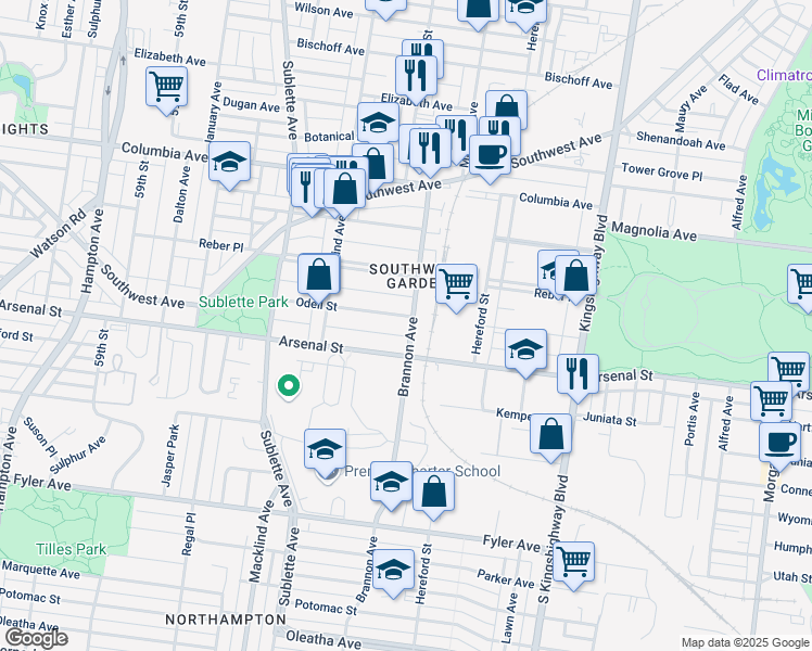 map of restaurants, bars, coffee shops, grocery stores, and more near 2907 Brannon Avenue in St. Louis