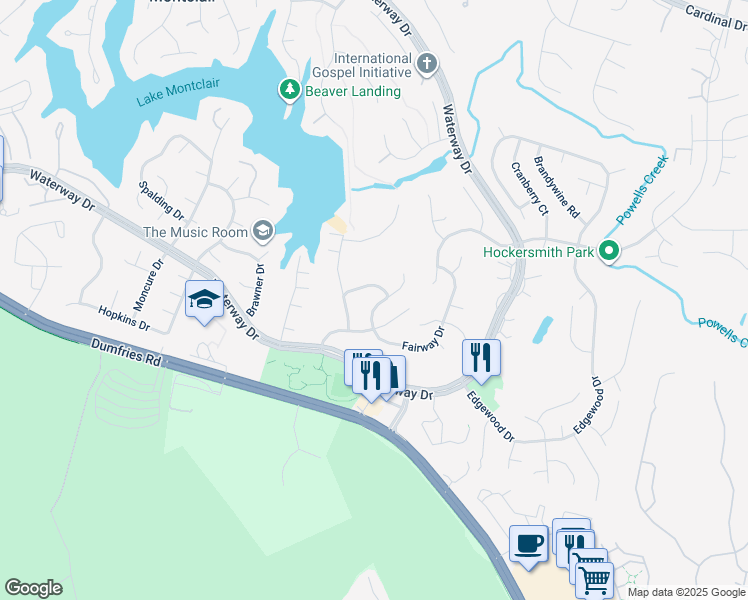 map of restaurants, bars, coffee shops, grocery stores, and more near 16041 Fairway Drive in Dumfries