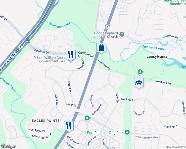 map of restaurants, bars, coffee shops, grocery stores, and more near 15908 Uppsala Court in Woodbridge