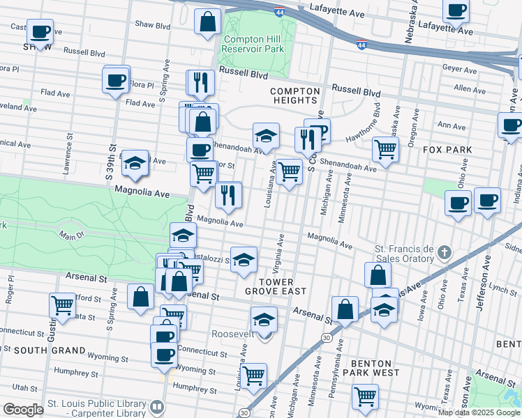 map of restaurants, bars, coffee shops, grocery stores, and more near 2629 Louisiana Avenue in Saint Louis