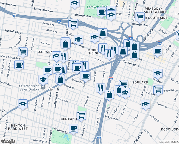 map of restaurants, bars, coffee shops, grocery stores, and more near 2108 Gravois Avenue in St. Louis