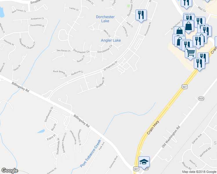 map of restaurants, bars, coffee shops, grocery stores, and more near 3801 Molly Miller Court in Waldorf