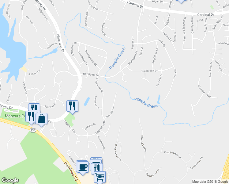 map of restaurants, bars, coffee shops, grocery stores, and more near 16072 Deer Park Drive in Dumfries