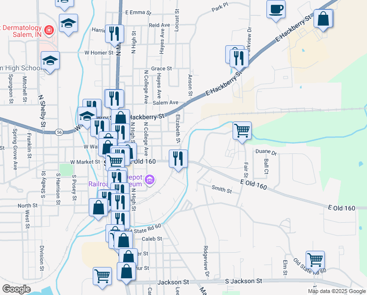 map of restaurants, bars, coffee shops, grocery stores, and more near 205 Elizabeth Street in Salem
