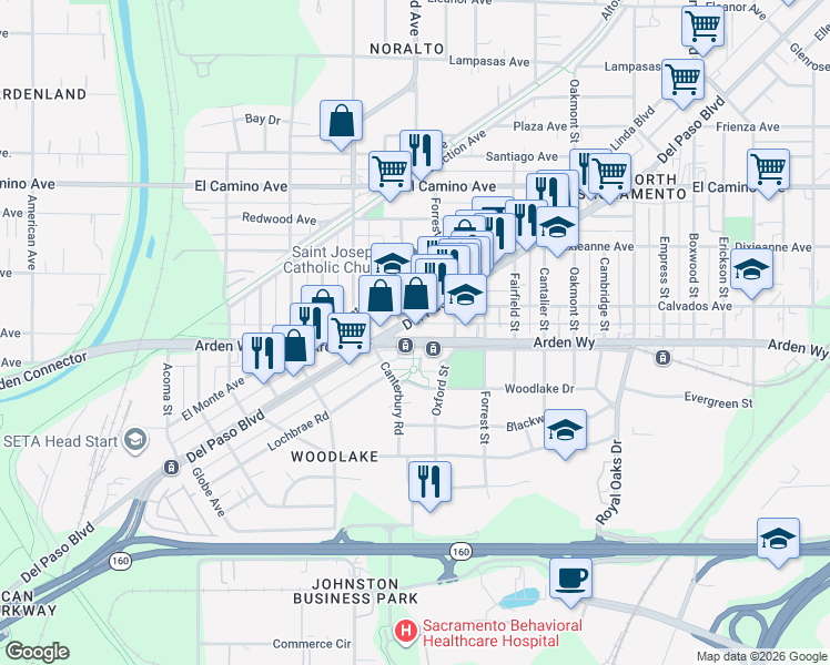 map of restaurants, bars, coffee shops, grocery stores, and more near 434 Lea Way in Sacramento