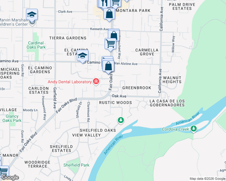 map of restaurants, bars, coffee shops, grocery stores, and more near 5827 Twin Gardens Road in Carmichael