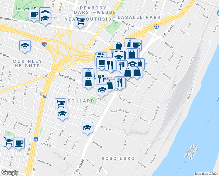 map of restaurants, bars, coffee shops, grocery stores, and more near 2003 South 8th Street in St. Louis