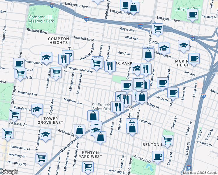 map of restaurants, bars, coffee shops, grocery stores, and more near 2814 Victor Street in St. Louis