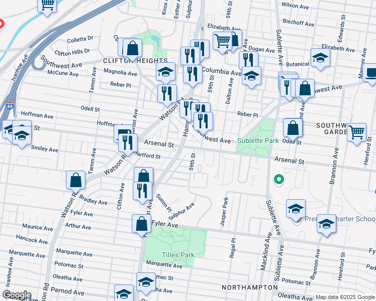 map of restaurants, bars, coffee shops, grocery stores, and more near 5921 Arsenal Street in St. Louis
