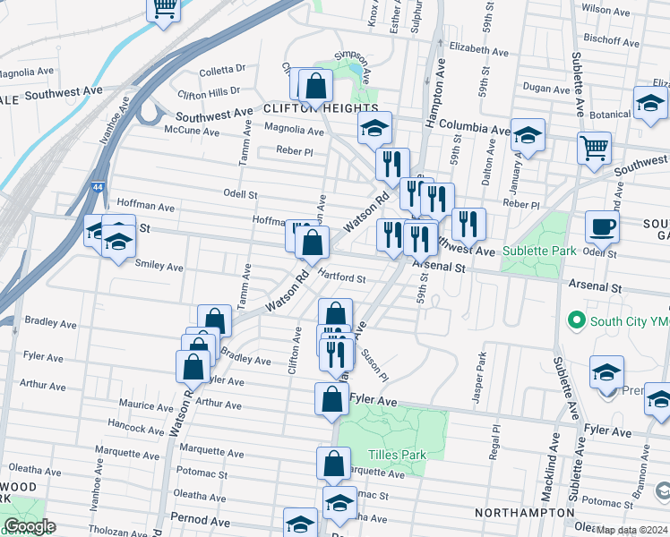 map of restaurants, bars, coffee shops, grocery stores, and more near 6098 Arsenal Street in St. Louis
