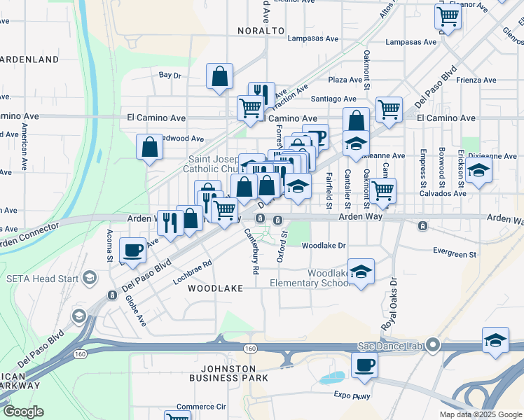 map of restaurants, bars, coffee shops, grocery stores, and more near 1525 Del Paso Boulevard in Sacramento