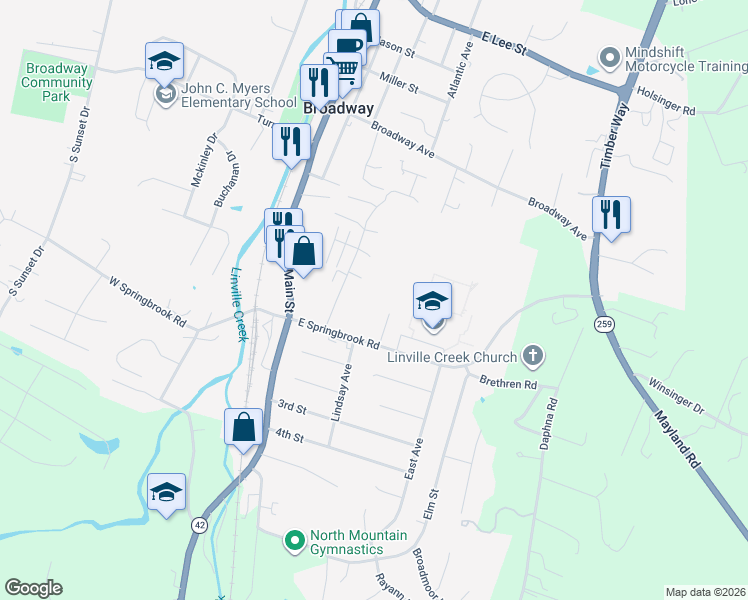 map of restaurants, bars, coffee shops, grocery stores, and more near 223 East Springbrook Road in Broadway