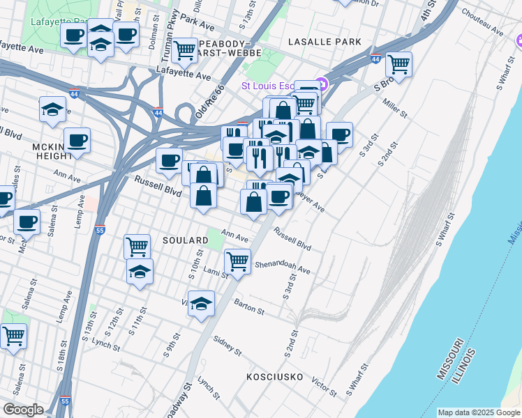 map of restaurants, bars, coffee shops, grocery stores, and more near 2003 South 8th Street in St. Louis