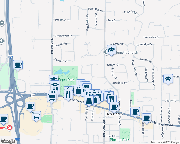 map of restaurants, bars, coffee shops, grocery stores, and more near 1422 Lawnwood Drive in Des Peres