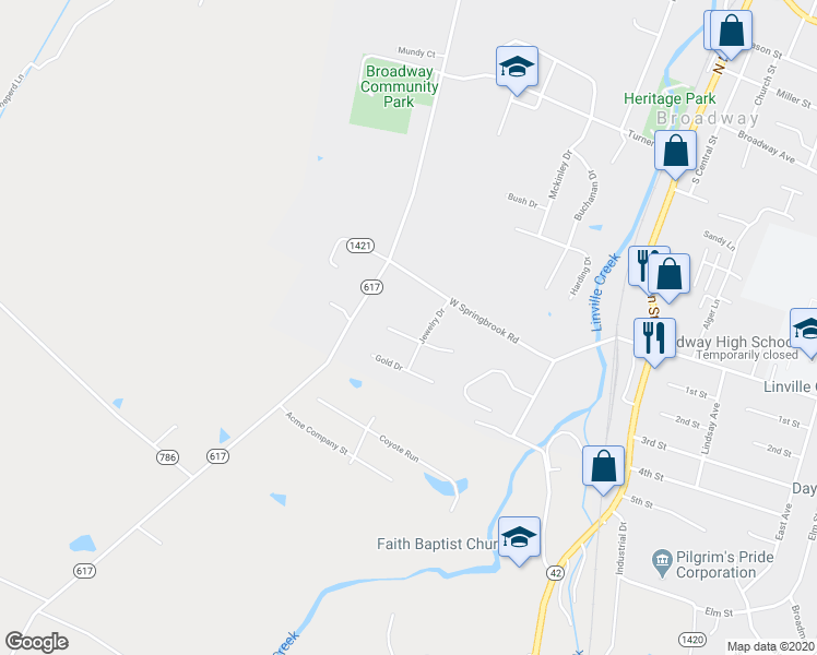 map of restaurants, bars, coffee shops, grocery stores, and more near 385 Silver Drive in Broadway