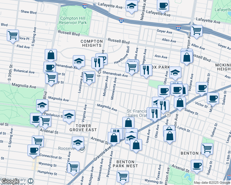 map of restaurants, bars, coffee shops, grocery stores, and more near 3003 Sidney Street in St. Louis
