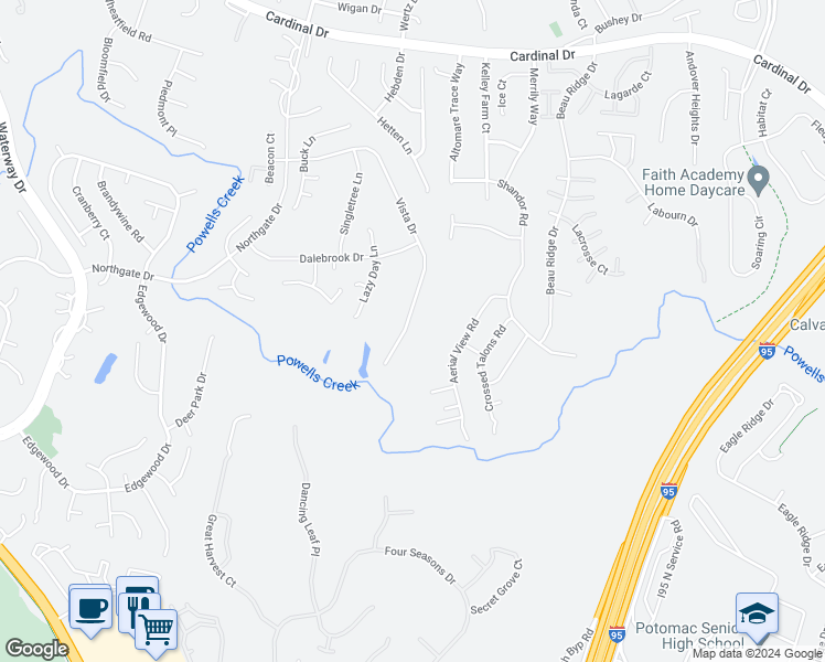 map of restaurants, bars, coffee shops, grocery stores, and more near 15825 Vista Drive in Dumfries
