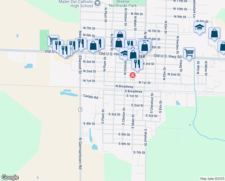 map of restaurants, bars, coffee shops, grocery stores, and more near 356 South Broadway in Breese