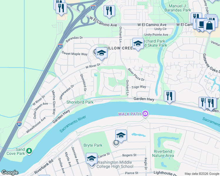 map of restaurants, bars, coffee shops, grocery stores, and more near 3164 Swallows Nest Drive in Sacramento