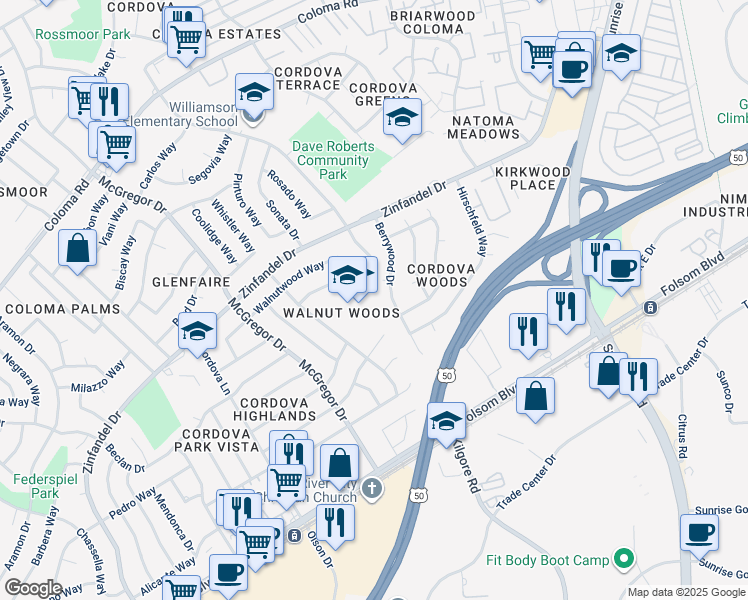 map of restaurants, bars, coffee shops, grocery stores, and more near 10850 Gadsten Way in Rancho Cordova