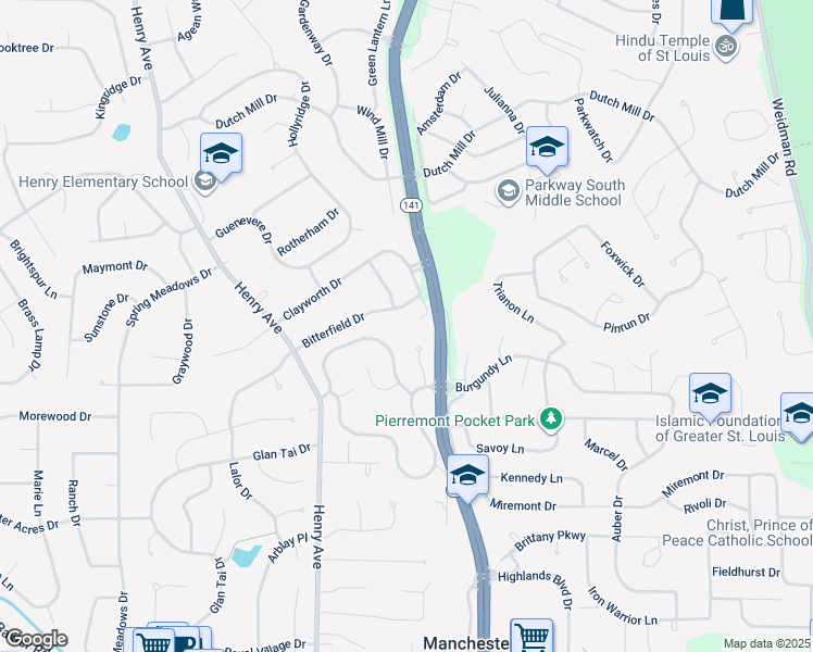 map of restaurants, bars, coffee shops, grocery stores, and more near 906 Bitterfield Drive in Ballwin
