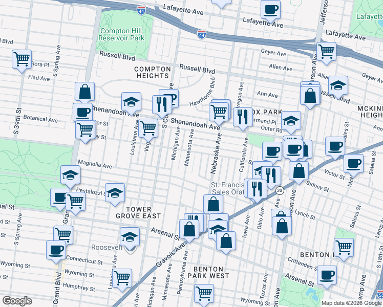 map of restaurants, bars, coffee shops, grocery stores, and more near 3003 Sidney Street in St. Louis