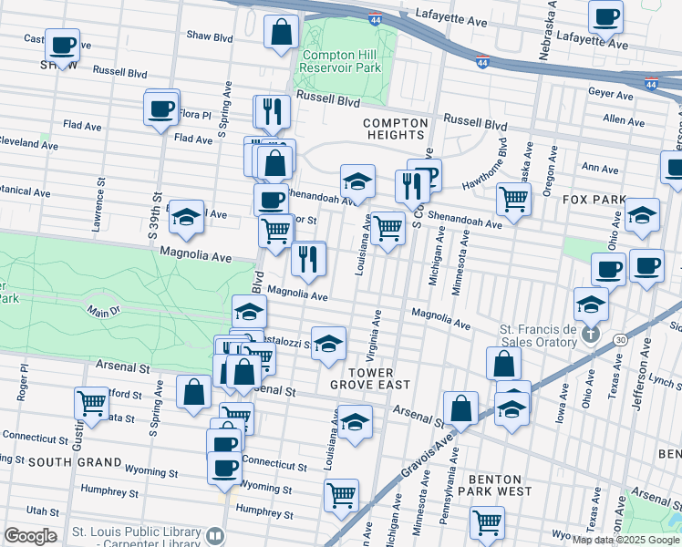 map of restaurants, bars, coffee shops, grocery stores, and more near 2617 Louisiana Avenue in St. Louis