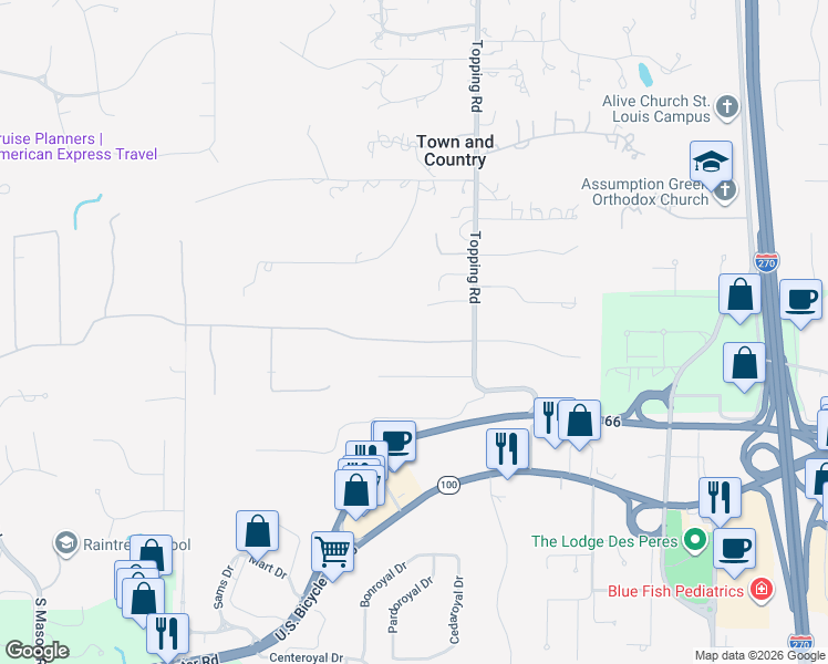 map of restaurants, bars, coffee shops, grocery stores, and more near 12939 Thornhill Drive in St. Louis