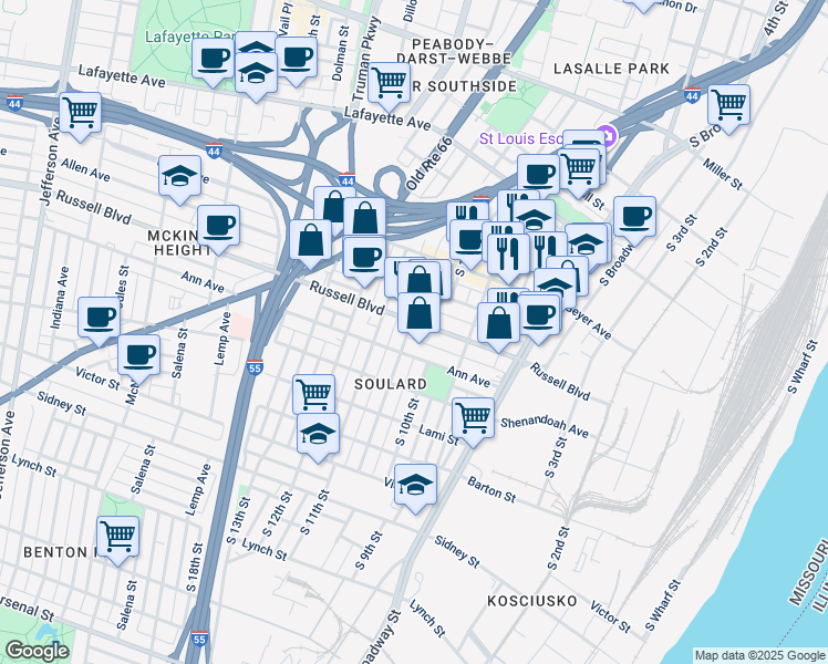 map of restaurants, bars, coffee shops, grocery stores, and more near 1006 Russell Boulevard in St. Louis