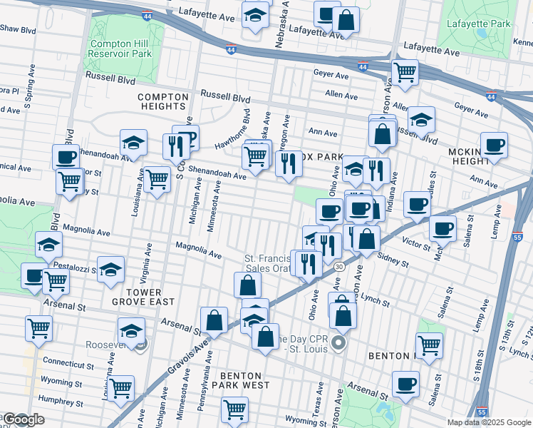 map of restaurants, bars, coffee shops, grocery stores, and more near 2857 Sidney Street in St. Louis