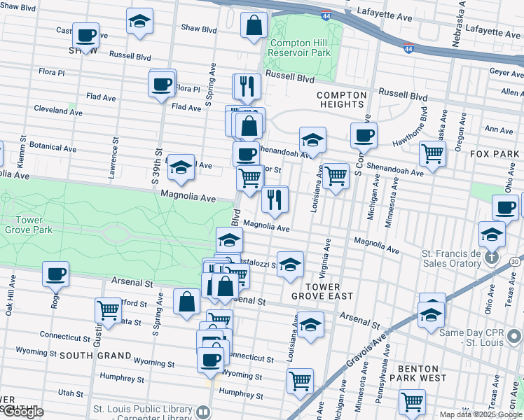 map of restaurants, bars, coffee shops, grocery stores, and more near 2630 Alhambra Court in St. Louis
