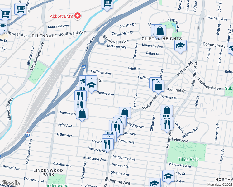 map of restaurants, bars, coffee shops, grocery stores, and more near 6457 Smiley Avenue in St. Louis