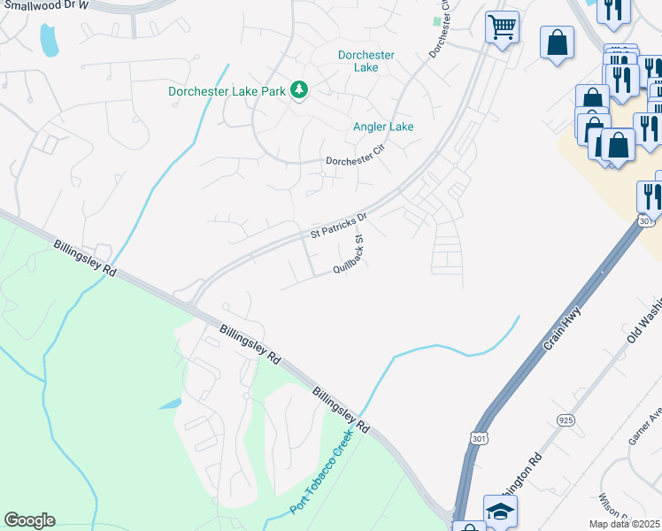 map of restaurants, bars, coffee shops, grocery stores, and more near 10625 Quillback Street in Waldorf