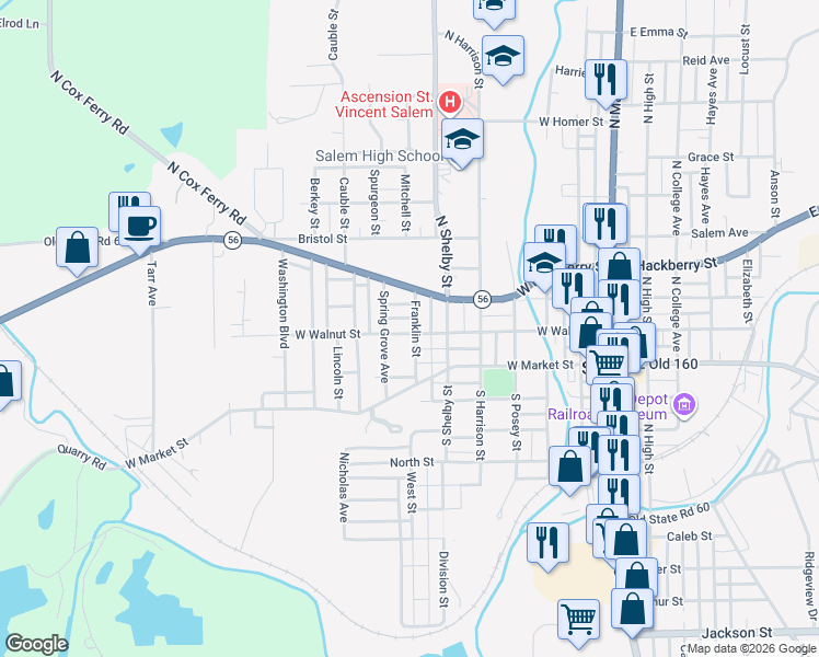 map of restaurants, bars, coffee shops, grocery stores, and more near 701 West Walnut Street in Salem