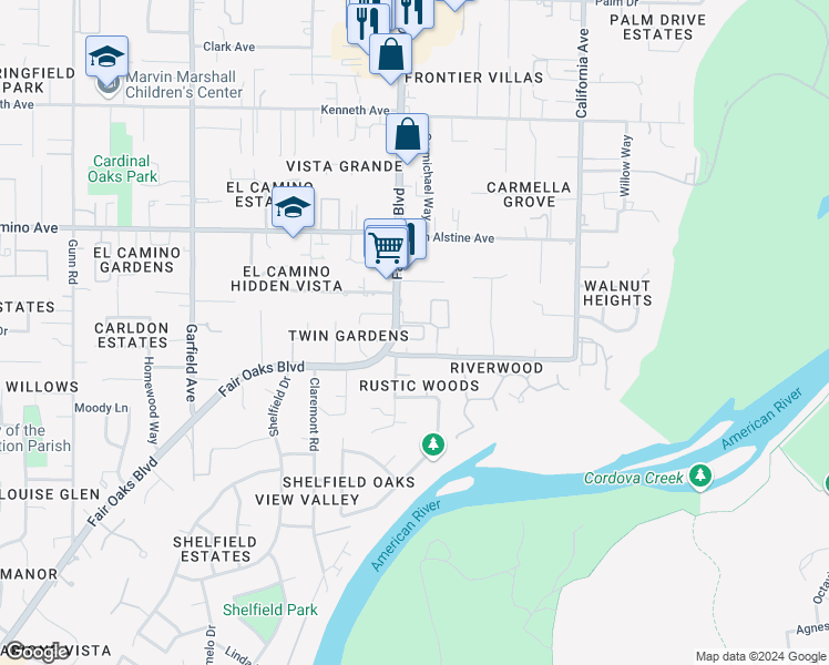 map of restaurants, bars, coffee shops, grocery stores, and more near 5820 Fair Oaks Boulevard in Carmichael