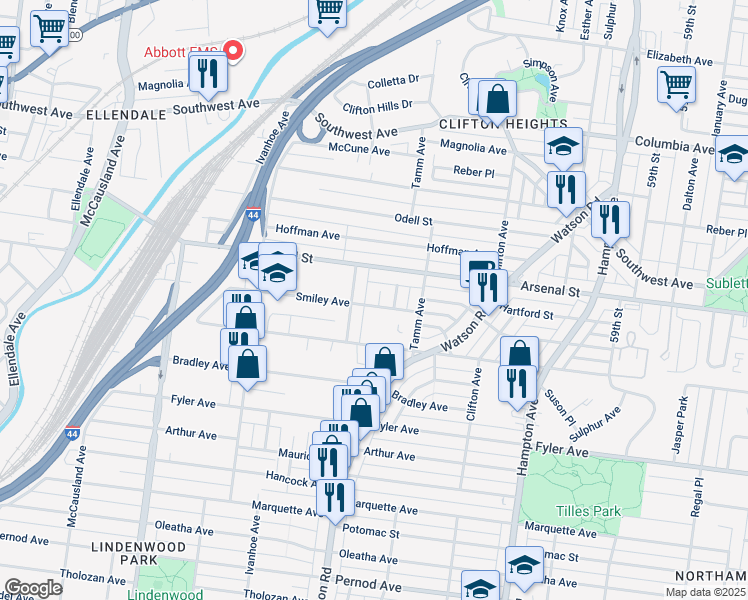 map of restaurants, bars, coffee shops, grocery stores, and more near 6457 Smiley Avenue in St. Louis