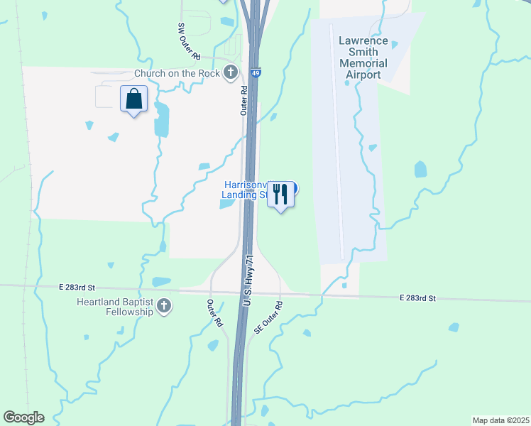map of restaurants, bars, coffee shops, grocery stores, and more near 28103 Southeast Outer Road in Harrisonville